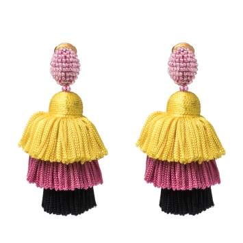 Pre Owned Oscar de la Renta Multicolor Silk Tiered Tassel Clip-On Earrings