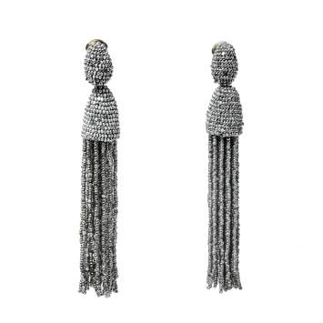 Pre Owned Oscar de la Renta Silver Classic Long Beaded Tassel Earrings