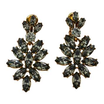 Pre Owned Oscar de la Renta Grey Crystal Navette Clip On Earrings