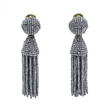 Pre Owned Oscar de la Renta Silver Beaded Short Tasseled Clip On Earrings