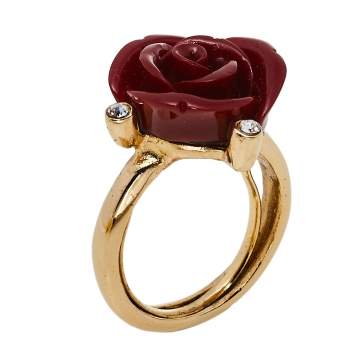 Pre Owned Oscar de la Renta Red Resin Rose Cocktail Ring Size EU 50.5