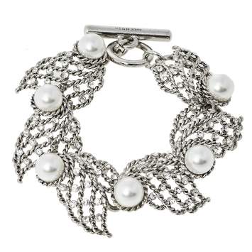 Pre Owned Oscar de la Renta Crystal Winged Faux Pearl Toggle Bracelet
