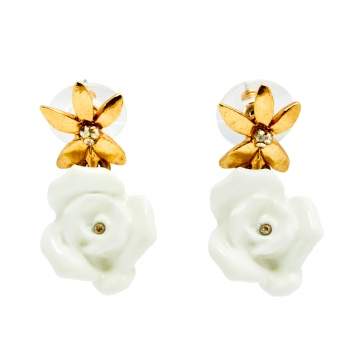 Pre Owned Oscar de la Renta White Floral Drop Earrings