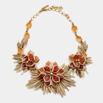 Pre Owned Oscar de la Renta Orange Crystal Sunburst Gold Tone Necklace