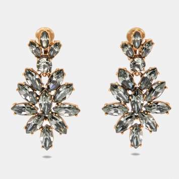 Pre Owned Oscar de la Renta Black Crystal Navette Clip On Earrings