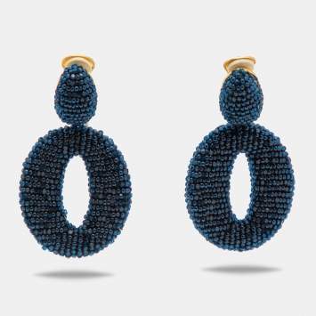 Pre Owned Oscar de la Renta Oscar O Blue Beads Gold Tone Clip On Earrings