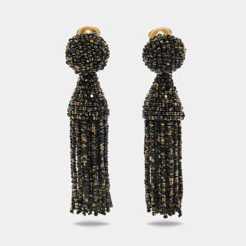 Pre Owned Oscar de la Renta  Beads Gold Tone Drop Earrings