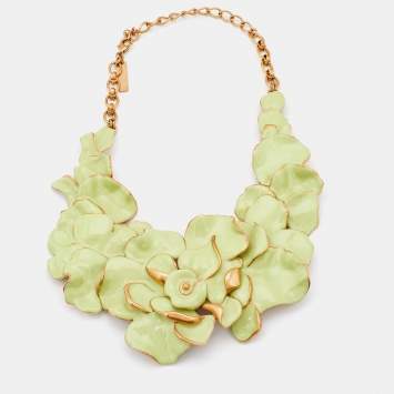 Pre Owned Oscar de la Renta Green Enamel Floral Gold Tone Collar Necklace