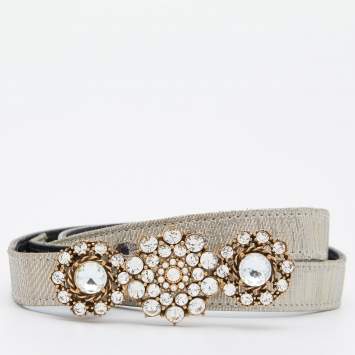 Pre Owned Oscar de la Renta Gold/Silver Lurex Fabric Floral Crystals Waist Belt S