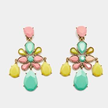 Pre Owned Oscar de la Renta Multicolor Composite Gold Tone Long Clip-on Earrings