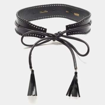 Pre Owned Oscar de la Renta Black Leather Whipstitch Detail Wrap Around Waist Belt L