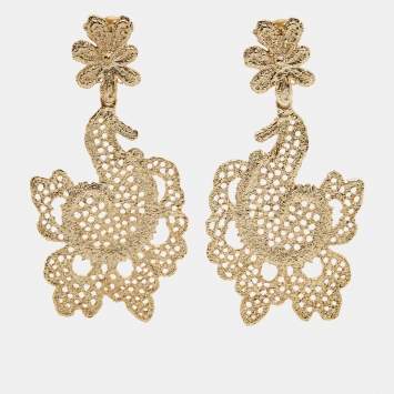 Pre Owned Oscar de la Renta Gold Filigree Floral Clip On Earrings