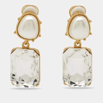 Pre Owned Oscar de la Renta  Crystal Faux Pearl Gold Tone Earrings