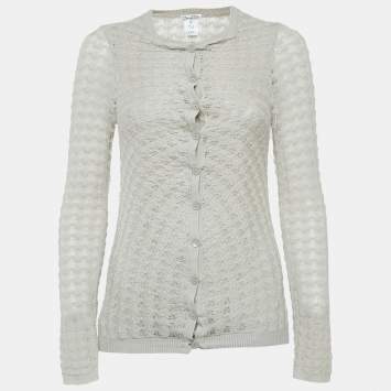 Pre Owned Oscar de la Renta Grey Patterned Cashmere Button Front Cardigan M