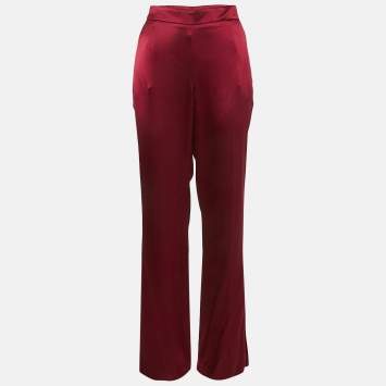 Pre Owned Oscar de la Renta Dark Red Satin Wide Leg Trousers M