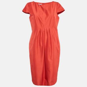 Pre Owned Oscar de la Renta Red Silk Cap Sleeve Midi Dress M