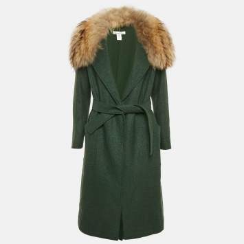 Pre Owned Oscar de la Renta Green Wool Blend Belted Detachable Fur Coat M
