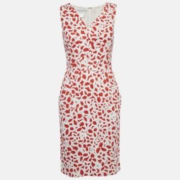 Pre Owned Oscar de la Renta White/Red Floral Print Cotton Sleeveless Short Dress S