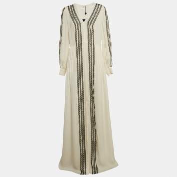 Pre Owned Oscar de la Renta White Silk Lace Trim Pleated Maxi Dress L