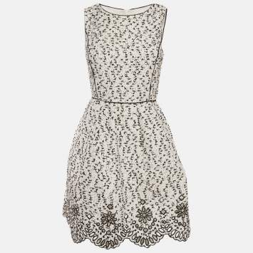 Pre Owned Oscar de la Renta White Tweed Cut-Out Scallop Short Dress M