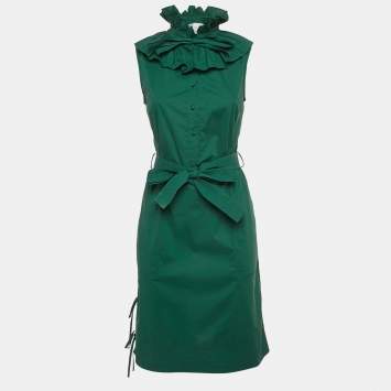 Pre Owned Oscar de la Renta Green Cotton Ruffled Sleeveless Short Dress XS