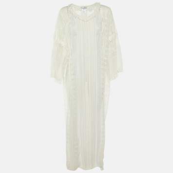Pre Owned Oscar de la Renta White Lace Sheer Kaftan Maxi Dress S