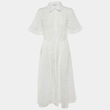 Pre Owned Oscar de la Renta White Eyelet Cotton Midi Dress S