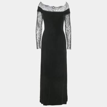 Pre Owned Oscar de la Renta Black Lace Trim Velvet Maxi Dress M