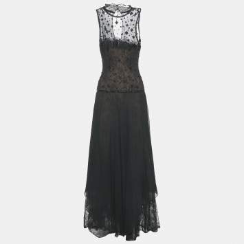 Pre Owned Oscar de la Renta Vintage Black Embellished Lace and Crepe Long Dress S
