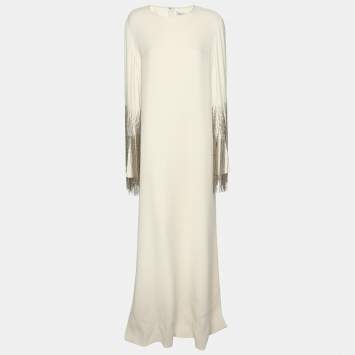 Pre Owned Oscar de la Renta Cream Crepe Beaded Fringe Caftan XL