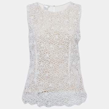 Pre Owned Oscar de la Renta White Lace and Crepe Sleeveless Top M