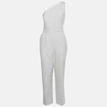 Pre Owned Oscar de la Renta White Tulle Trim Wool One Shoulder Jumpsuit L