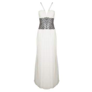 Pre Owned Oscar De La Renta Off White Basket Weave Embellished Ruched Silk Gown S
