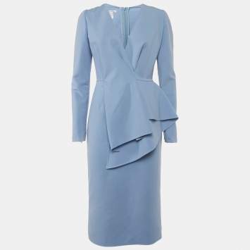Pre Owned Oscar de la Renta Blue Crepe Ruffled Midi Dress XL