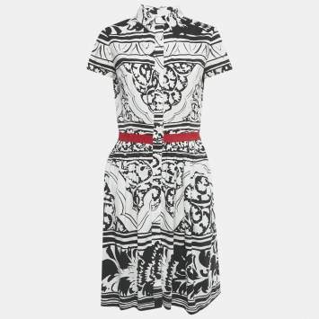 مملوكة مسبقًا Oscar de la Renta White /Black Printed Cotton Blend Midi Dress L