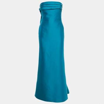 Pre Owned Oscar de la Renta Blue Silk Blend Bow Detail Strapless Gown S