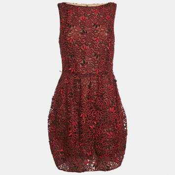 Pre Owned Oscar de la Renta Black /Red Lace Sleeveless Mini Dress M