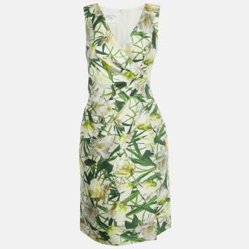 Pre Owned Oscar de la Renta White Floral Print Silk & Wool Plunge Neck Short Dress S