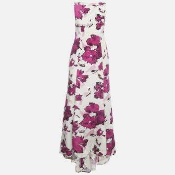 مملوكة مسبقًا Oscar de la Renta Beige Watercolor Printed Silk Maxi Dress M