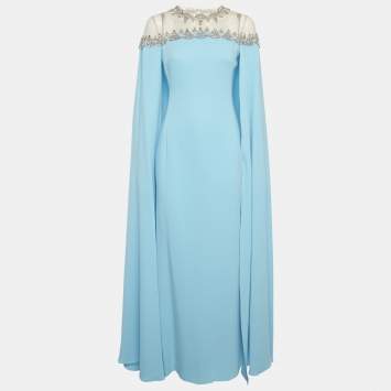 Pre Owned Oscar de la Renta Turquoise Blue Silk Cape Gown XS