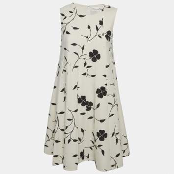 Pre Owned فستان أوسكار دي لا رينتا صوف أزهار بيضاء مطبوعة بلا أكمام ميديوم