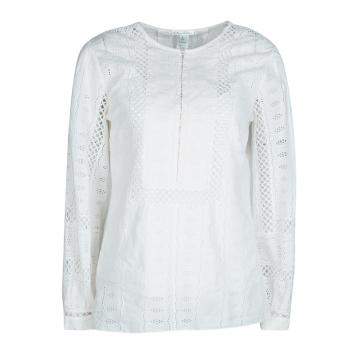 Pre Owned Oscar De La Renta White Broderie Anglaise Long Sleeve Blouse M