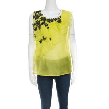 Pre Owned Oscar de la Renta Chartreuse Ruffled Floral Applique Detail Silk Organza Top M