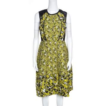 Pre Owned Oscar de la Renta Yellow and Black Embossed Floral Jacquard Lace Detail Dress L