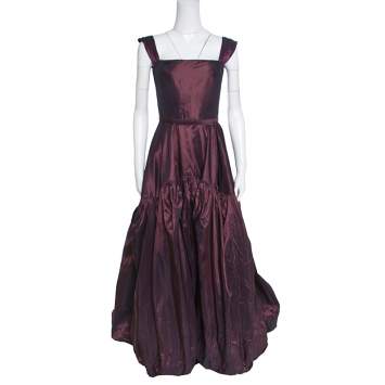 Pre Owned Oscar de la Renta Burgundy Silk Tiered Belted Sleeveless Gown S