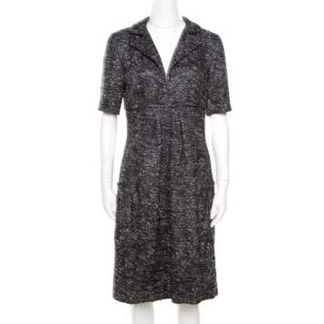 Pre Owned Oscar de la Renta Grey Textured Lurex Plunge Neck Detail Short Sleeve Dress M