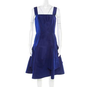 Pre Owned Oscar de la Renta Cobalt Blue Silk Fit and Flare Sleeveless Dress S