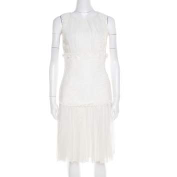 Pre Owned Oscar de la Renta White Chiffon and Tweed Lace Applique Sleeveless Dress S