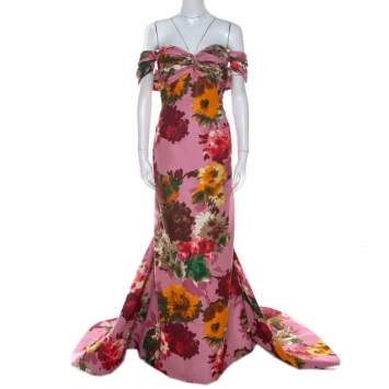 Pre Owned Oscar de la Renta Pink Floral Print Silk Ruched Strapless Evening Gown L