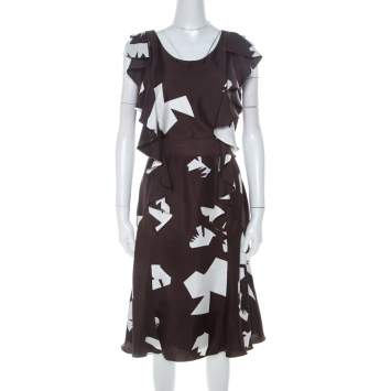 Pre Owned Oscar de la Renta Brown Abstract Print Silk Ruffled Dress L